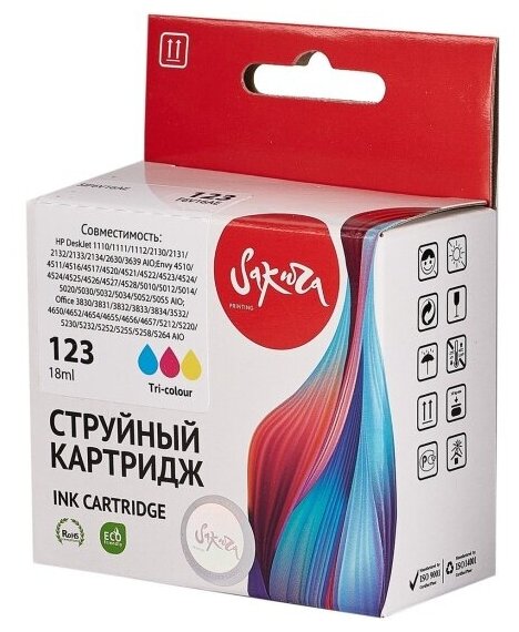 Струйный картридж Sakura Printing Sakura F6V16AE (№123 Tri-colour) для HP, триколор, 18 мл, 330 к.