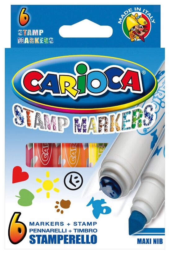 Набор фломастеров 6 цветов Carioca Stamperello (линия 1-7мм, со штампами, двусторонние) (42279)