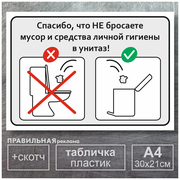 Табличка в туалет / "Не бросайте мусор в унитаз" - А4, 30х21 см, 1 шт (со скотчем, ламинированное изображение) Правильная Реклама