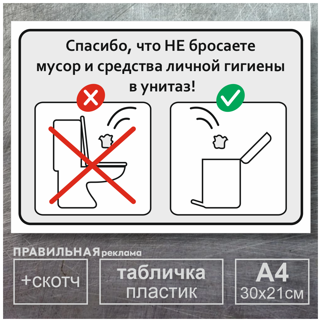 Табличка в туалет / Правила пользования туалетом - А4 30х21 см 1 шт (со скотчем ламинированное изображение) Правильная Реклама