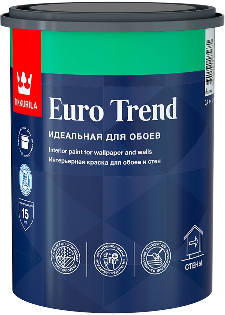 Краска интерьерная для обоев и стен Euro Trend (Евро Тренд) TIKKURILA 0,9л белый (база А)
