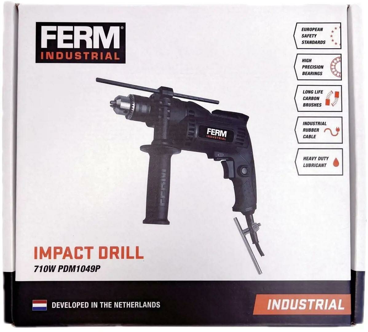 Изображение Перфоратор, дрель ударная FERM PDM1049P, 710Вт, 0 -3200 об/мин, ЗВП, 13мм, коробка