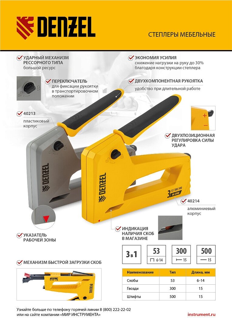 Степлер мебельный Denzel пластиковый корпус, тип 53, 6-14 мм, тип 300, 15 мм, тип 500, 15 мм 40213 - фотография № 7
