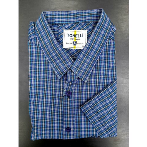 Рубашка Tonelli, деловой стиль, короткий рукав, в клетку, размер 9XL(76), синий
