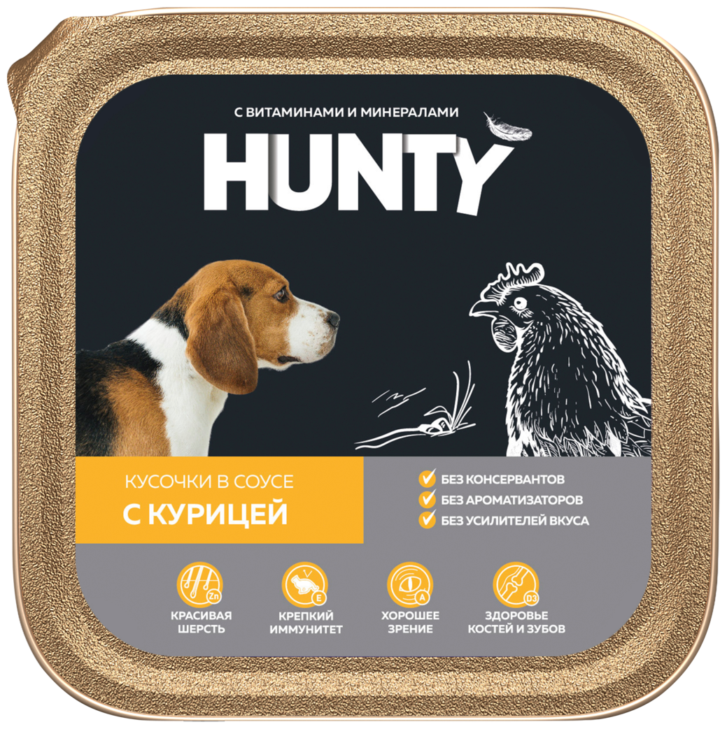 Корм консервированный для взрослых собак HUNTY кусочки в соусе с курицей, 300г