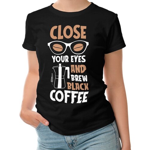 Женская футболка «Закрой глаза и завари черный кофе» (XL, темно-синий)