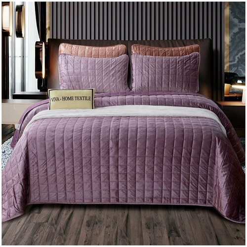 Велюровое покрывало в клетку и две наволочки 50*70 / стеганое на диван / с наволочками на кровать / Евро-размер