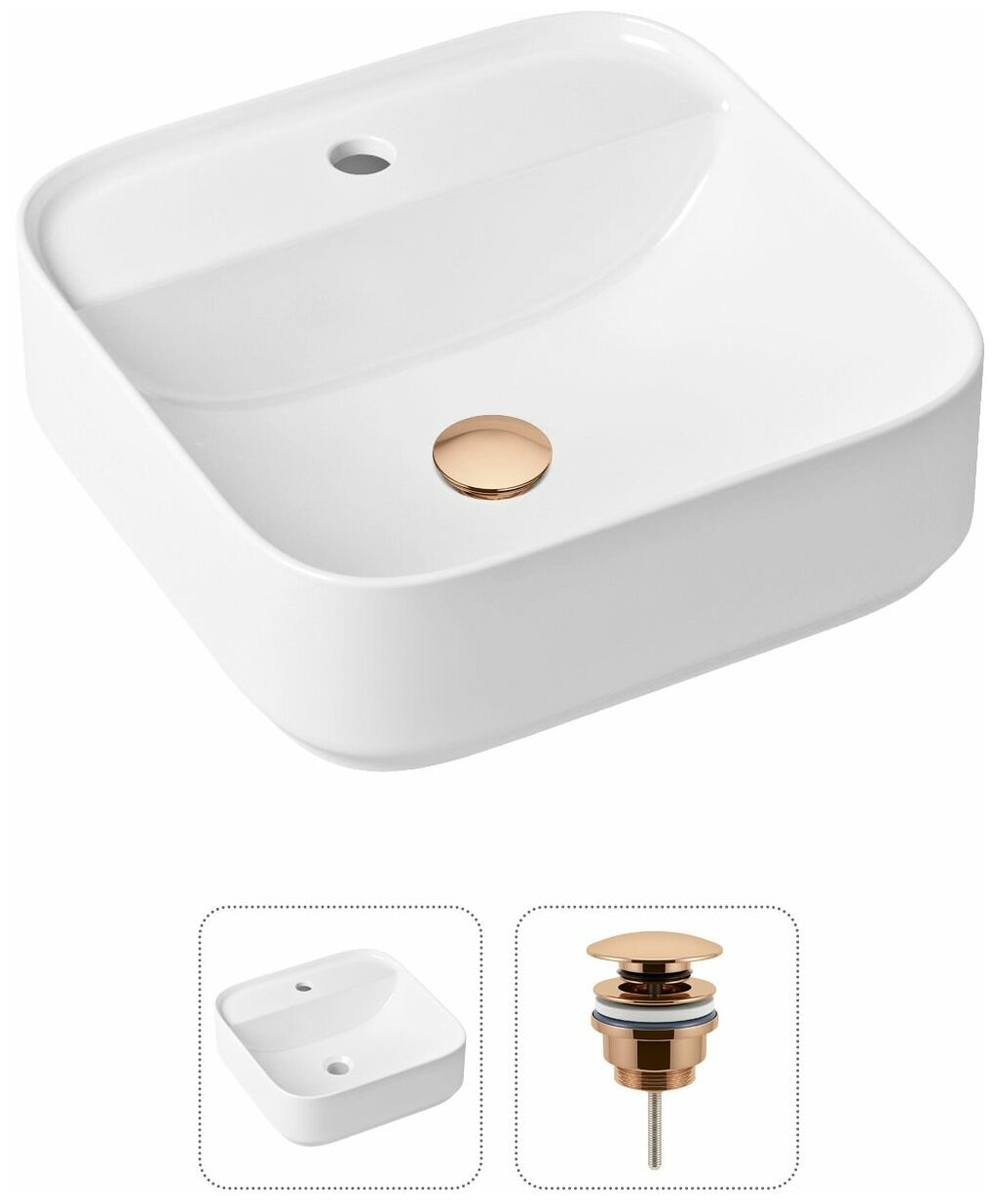 Накладная раковина в ванную Lavinia Boho Bathroom Sink Slim 21520845 в комплекте 2 в 1: умывальник белый, донный клапан в цвете розовое золото