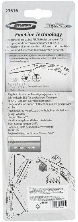 Пила по дереву Piranha, складная, для кемпинга и сада, 150 мм, 9-10 TPI, подкаленый зуб 3D, двухкомпонентная рукоятка Gross - фотография № 10