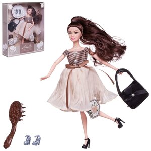 Кукла ABtoys "Amelia. Современный шик"в платье с плиссированной юбкой, черная сумка, темные волосы 30см