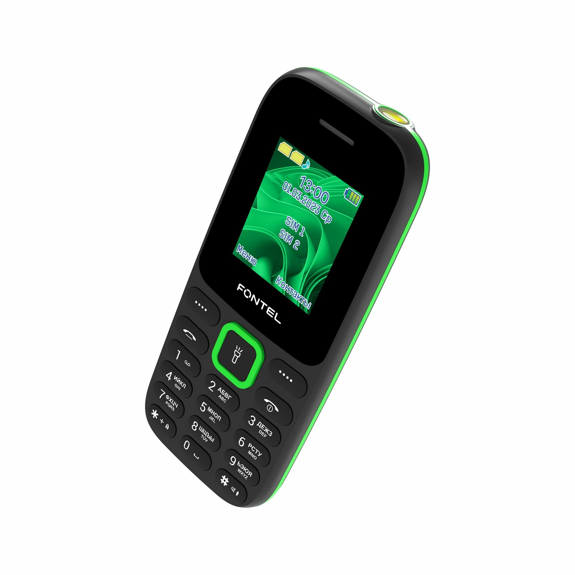 Мобильный телефон Fontel FP200, сотовый телефон, черный+зеленый