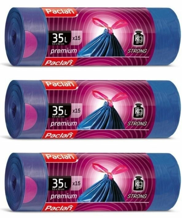 Paclan Мешки для мусора с тесьмой Premium, 35 л, 15 шт, ПВД, 3 уп