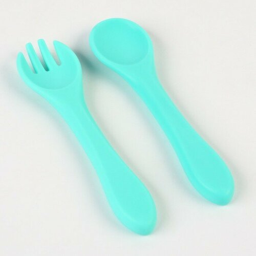 Набор детский столовых приборов вилка и ложка Крошка Я силикон бирюзовый для дома 704₽