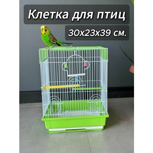 Клетка для птиц, 30х23х39 см, выдвижной поддон, фальшдно, поилки-кормушки, жердочки, качели, зеленый