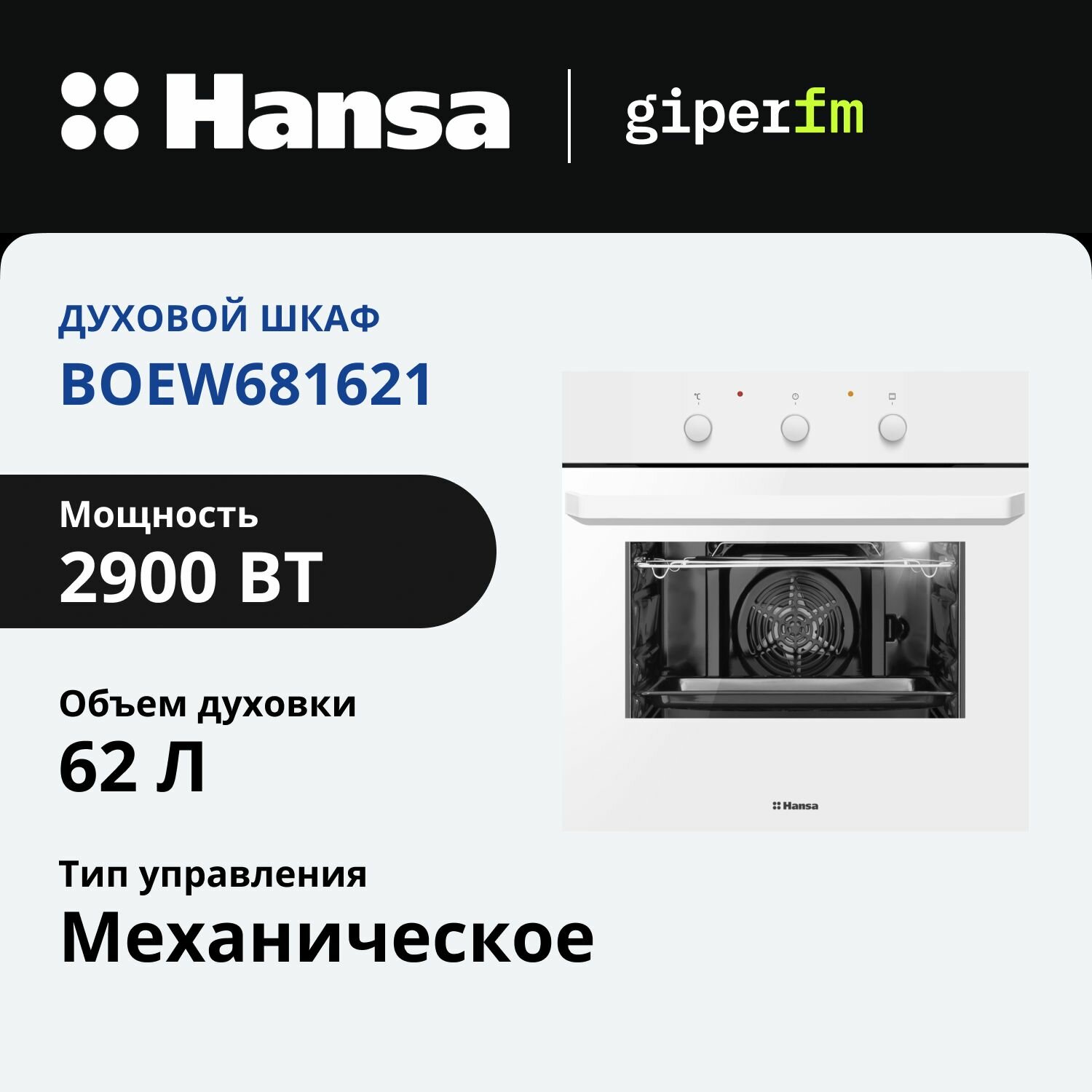 Электрический духовой шкаф Hansa встраиваемый BOEW681621, 60 см, с грилем и конвекцией, 8 режимов нагрева, с таймером, быстрый предварительный нагрев, очистка паром
