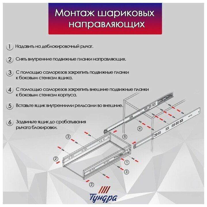 Тундра Шариковые направляющие тундра, система Push to Open 4512, L=450 мм, H=45 мм, 2 шт