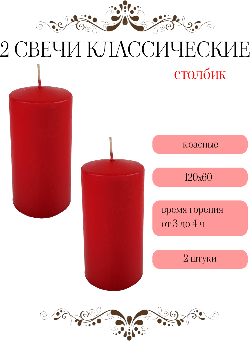 Свеча Классическая Столбик 120х60 мм, цвет: красный, 2 шт.