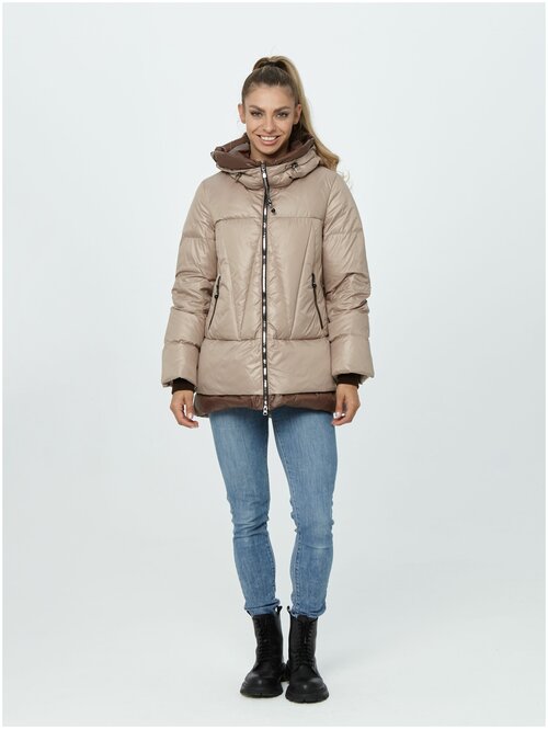 куртка  Karmelstyle зимняя, средней длины, силуэт свободный, подкладка, капюшон, размер 46, бежевый