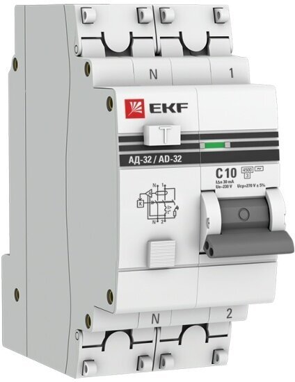 Дифференциальный автомат Ekf 2п C 10А 30мА тип AC 4.5кА АД-32 защита 270В электрон. PROxima DA32-10-30-pro