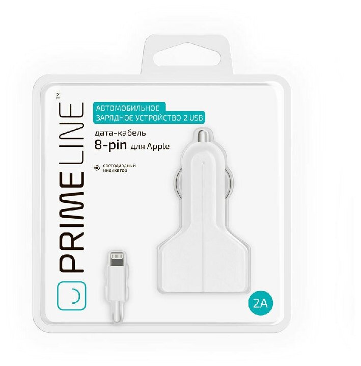 АЗУ-2USB Prime Line 2.1A + кабель Lightning, белый, 2215