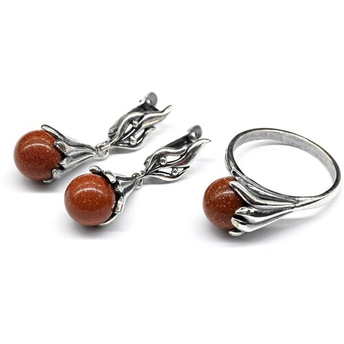Комплект бижутерии Радуга Камня: серьги, кольцо, авантюрин, размер кольца 18, коричневый