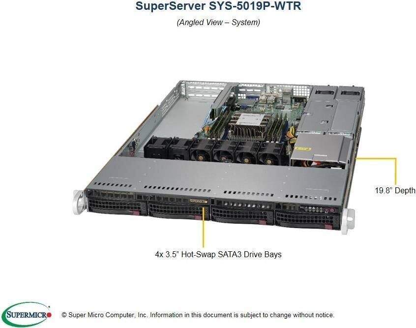 Сервер Supermicro SuperServer 5019P-WTR без процессора/без ОЗУ/без накопителей/количество отсеков 35" hot swap: 4/1 x 500 Вт/LAN 10 Гбит/c