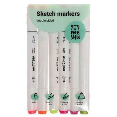 Набор маркеров для скетчинга двухсторонний MESHU, 6цв пулевидный/скошенный, 2 мм/6 мм, флуоресцентные цвета
