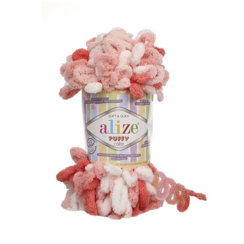 Плюшевая пряжа Alize Puffy Color (Ализе Пуффи Колор) - 3 мотка 5922 белый-розовый-коралловый, для вязания руками, большие петли (4см), 9м/100г пряжа плюшевая alize puffy ализе пуффи 3 мотка 289 синий для вязания руками гипоаллергенная большие петли 4см 9м 100г