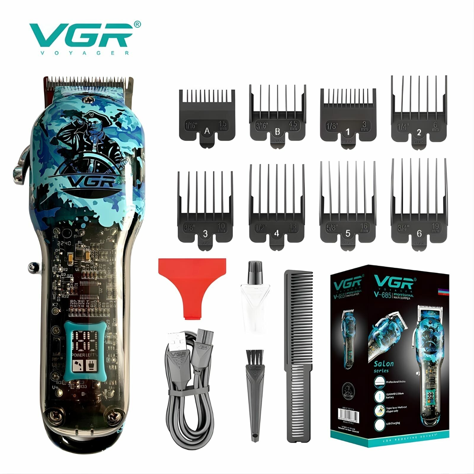 Профессиональная машинка для стрижки волос, бороды и усов VGR V-685, синий камуфляж, шейвер, электробритва - фотография № 15