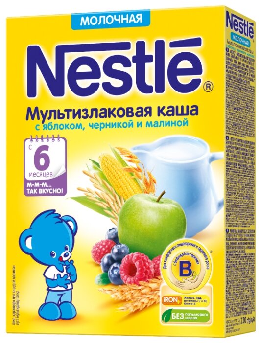 Каша Nestlé молочная мультизлаковая с яблоком, черникой и малиной (с 6 месяцев) 220 г