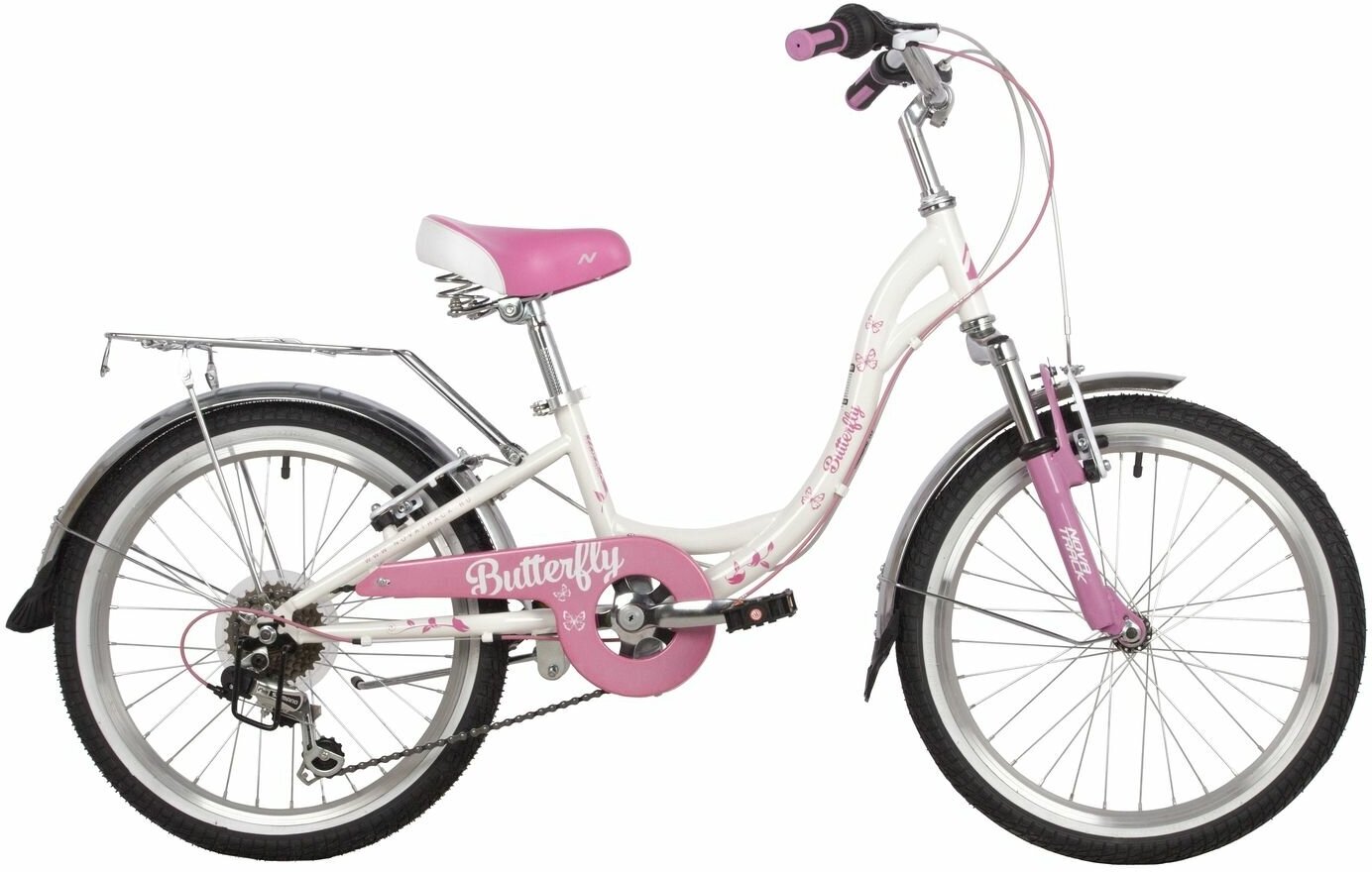 Детский велосипед Novatrack Butterfly 20 6. V, год 2022, цвет Белый-Розовый