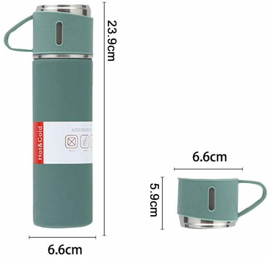 Вакуумный термос из нержавеющей стали 500 ml, 2 дополнительные кружки для кофе, подарочная упаковка, цвет зеленый - фотография № 13