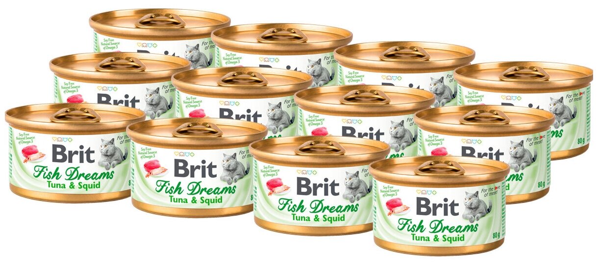 Влажный корм для кошек Brit Fish Dreams, с тунцом, с кальмаром 12 шт. х 80 г (кусочки в соусе) - фотография № 3