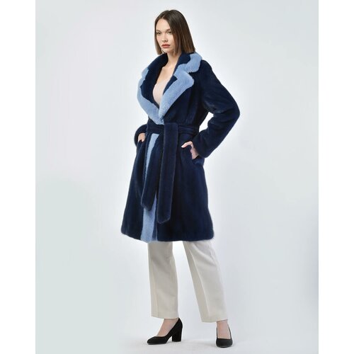 Пальто Skinnwille, норка, силуэт прямой, пояс/ремень, размер 38, синий