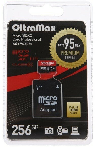 OltraMax Карта памяти OltraMax microSD, 256 Гб, SDXC, UHS-1, класс 10, с адаптером SD