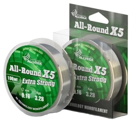 Леска монофильная Allvega "ALL-ROUND X5" 0.16мм (100м) (3,28кг) (прозрачная)