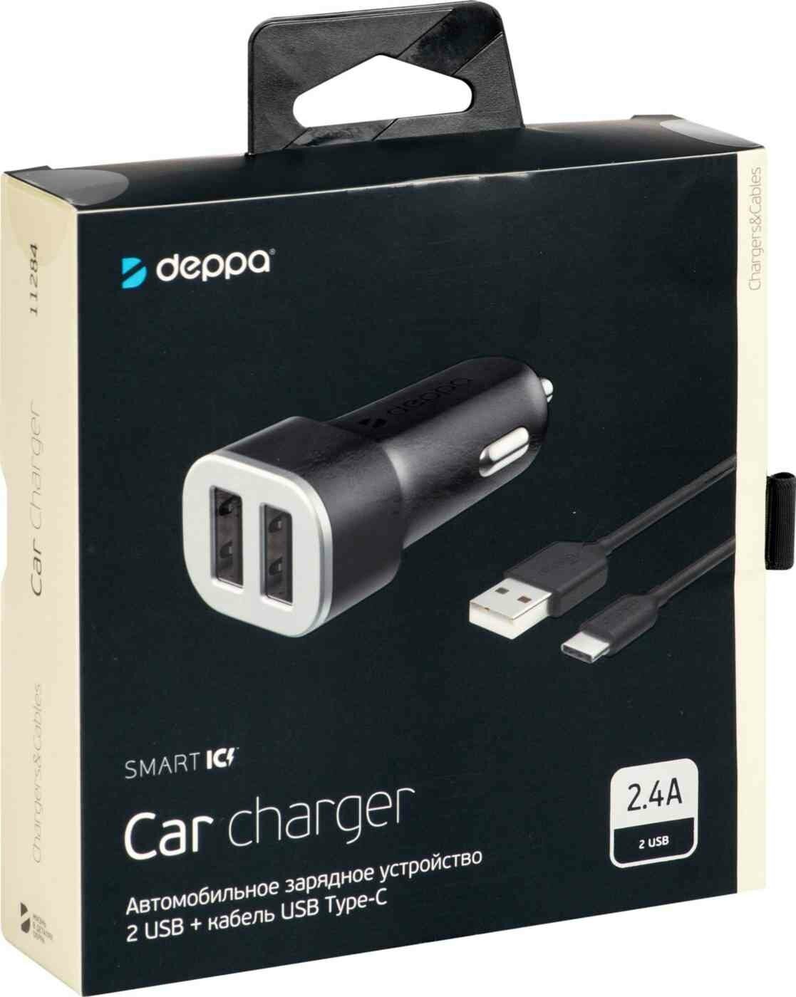 Автомобильное зарядное устройство DEPPA 2xUSB, USB type-C, 2.4A, черный - фото №3