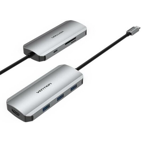 Vention USB-C to HDMI/USB 3.0x3/SD/TF/PD Docking Station Gray 0.15M Aluminum Alloy Type 12 in 1 type c laptop docking station usb 3 0 hdmi 4k vga pd usb hub for macbook