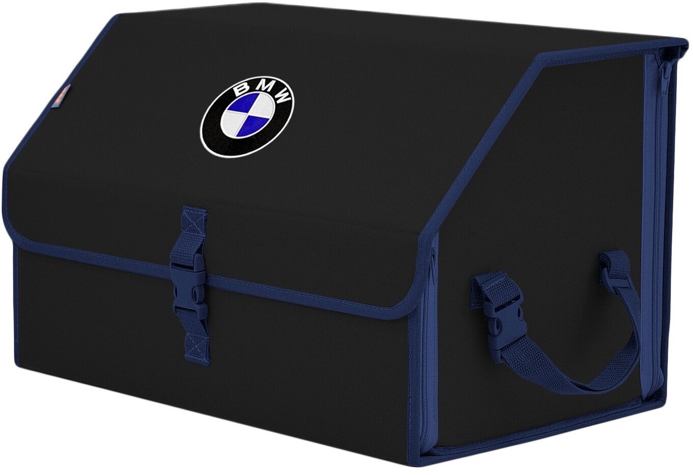 Органайзер-саквояж в багажник "Союз" (размер L). Цвет: черный с синей окантовкой и вышивкой BMW (БМВ).