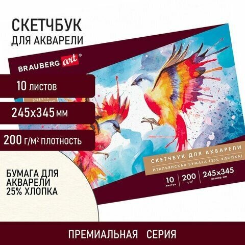 Альбом для акварели, бумага италия 200 г/м2 25% хлопок 245х345 мм, 10 л, BRAUBERG ART PREMIERE, 105911