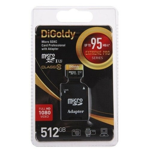 Карта памяти Digoldy microSD, 512 Гб, SDXC, UHS-1, класс 10, с адаптером SD