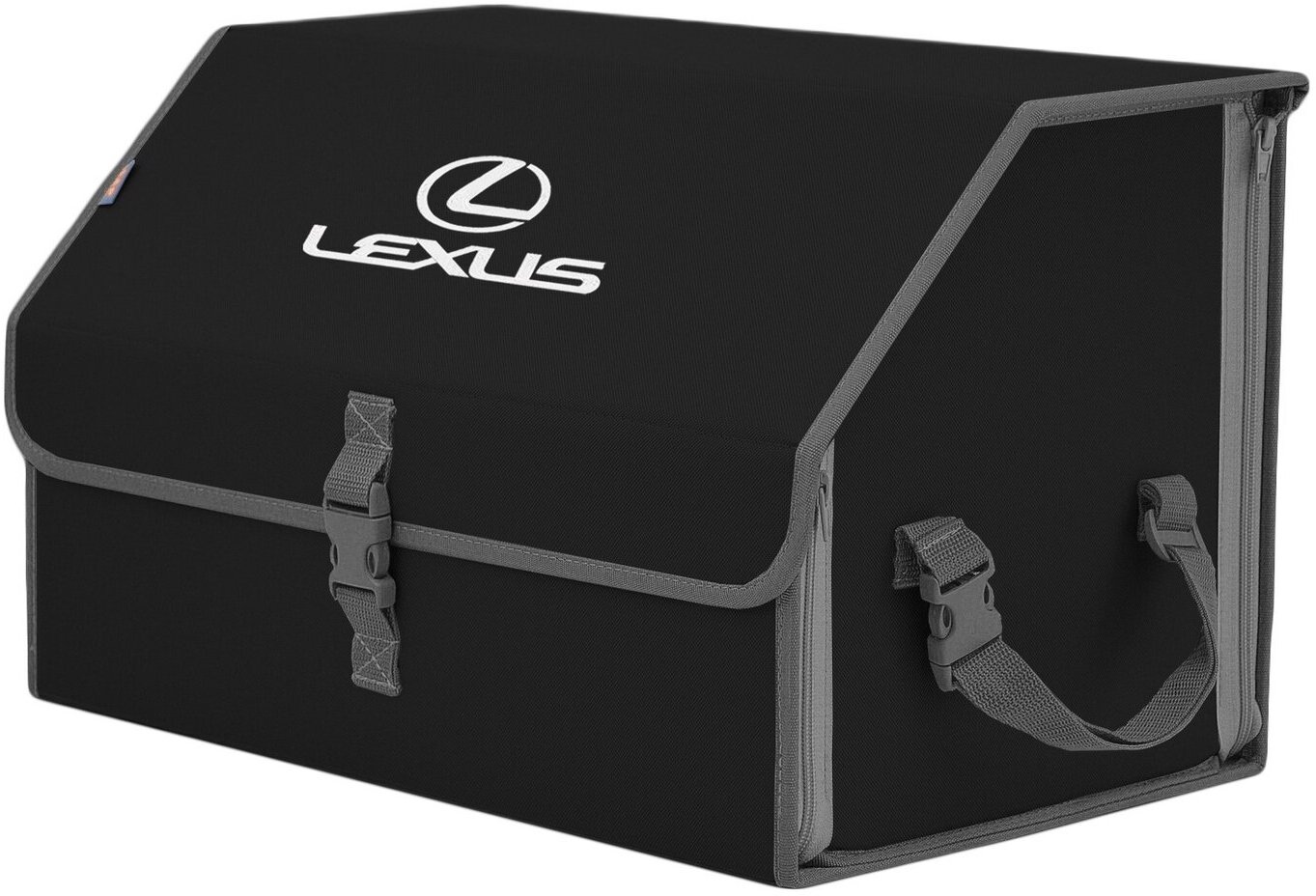 Органайзер-саквояж в багажник "Союз" (размер L). Цвет: черный с серой окантовкой и вышивкой Lexus (Лексус).