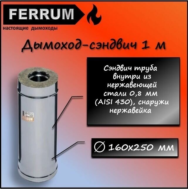 Дымоход-сэндвич 1,0м (430 0,8мм + нерж.) Ф160х250 Ferrum - фотография № 1