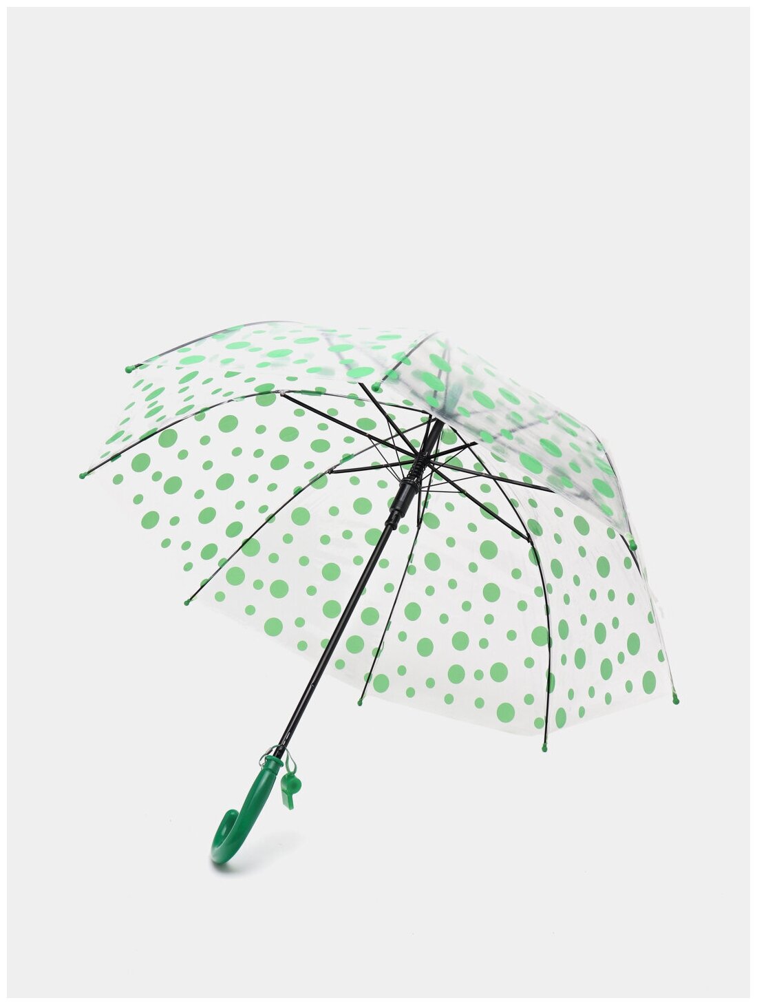 Прозрачный детский зонт-трость в зелёный горошек
