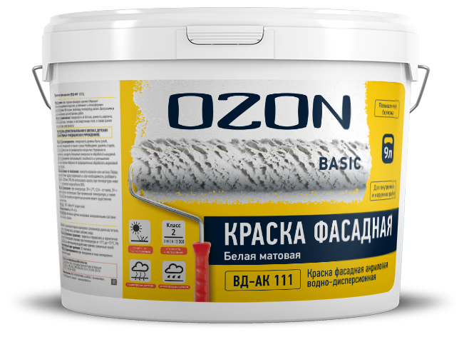Краски фасадные OZON Краска фасадная акриловая укрывистая OZON Basic ВД-АК-111-13 белая 9л обычная