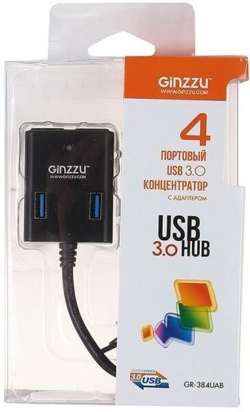 концентратор USB 3.0 Ginzzu GR-384UAB на 4 порта + адаптер - фото №5