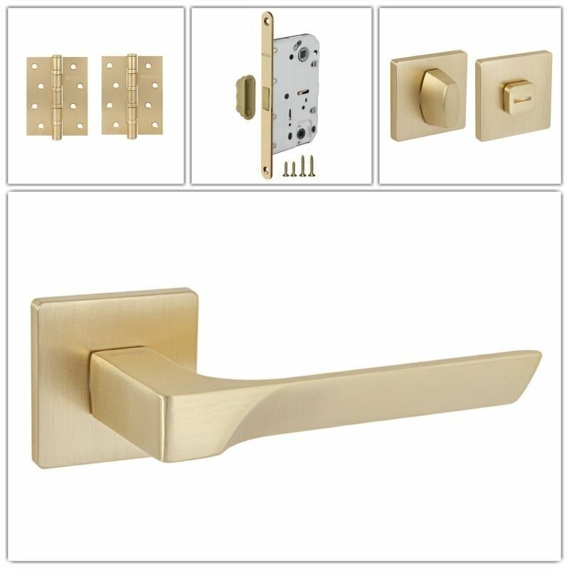 Комплект ручек для дверей Fuaro FLY_SL_SSG-39_MAGWC, сатинированное золото (ручка + завертка WC + магнитный замок + 2 универсальные петли)