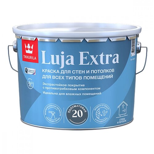 Краска для стен и потолков, Tikkurila Luja Extra, полуматовая, база С, бесцветная, 9 л краска моющаяся tikkurila luja extra полуматовая база с бесцветная 9 л
