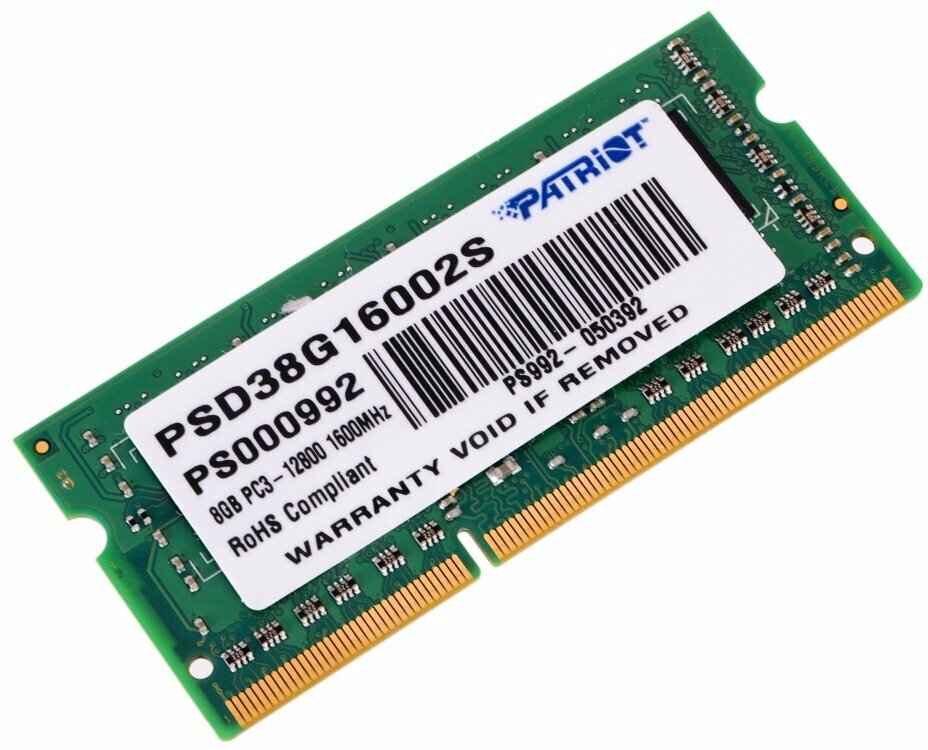 Модуль памяти Patriot Memory DDR3 SO-DIMM 1600Mhz PC3-12800 CL11 - 8Gb PSD38G16002S