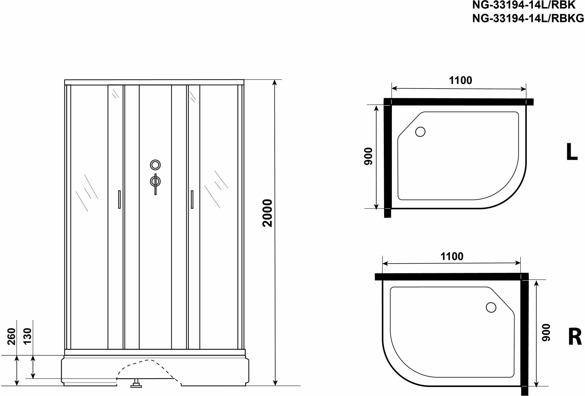 Душевая кабина Niagara Classic 110x90 NG-33194-14LBK стекло матовое, профиль серебро